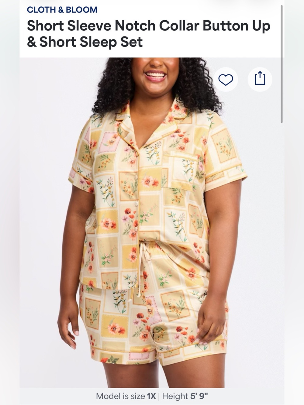 Cloth & Bloom Floral Pajama Set Size 2X Button Front Top & Shorts Lounge Sleep S